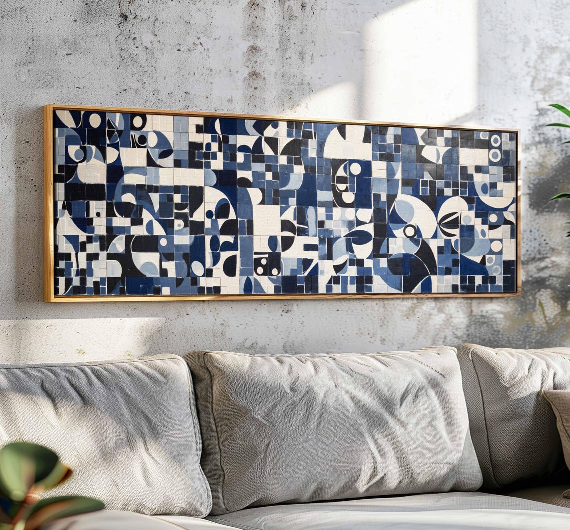 Navy Blue White Mosaic Geometric Shapes Modern Abstract Art Print