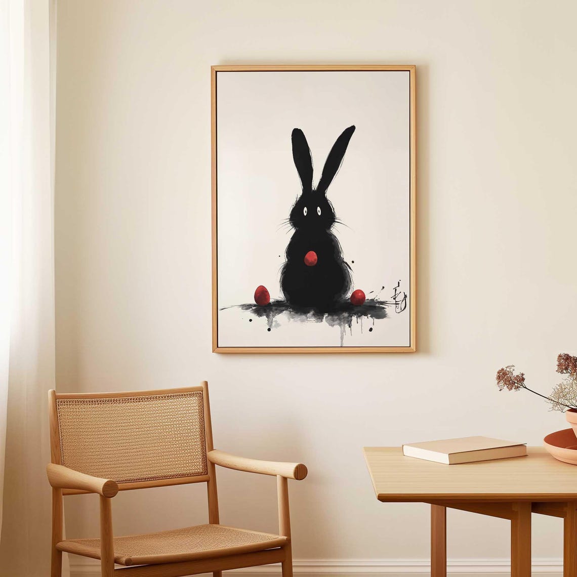 Minimalist Black Ink Bunny Rabbit Abstract Easter Egg Art Wall Poster - Image 4
