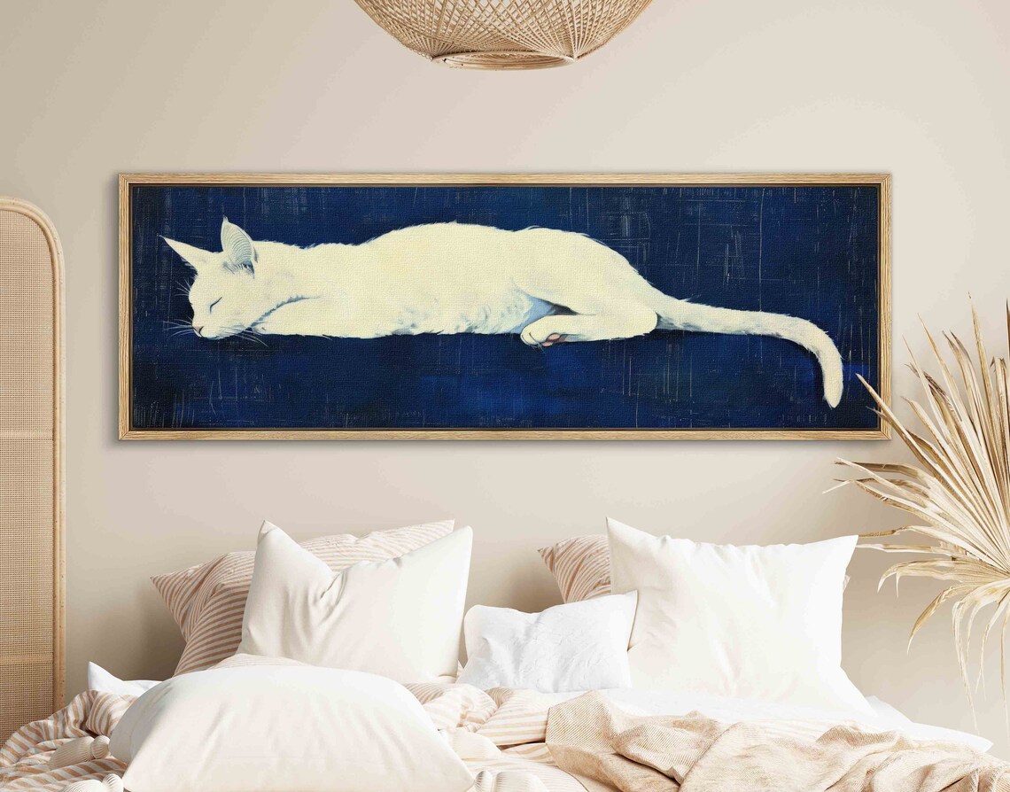 Navy Blue White Cat Art Print, Modern Animal Decor - Image 2