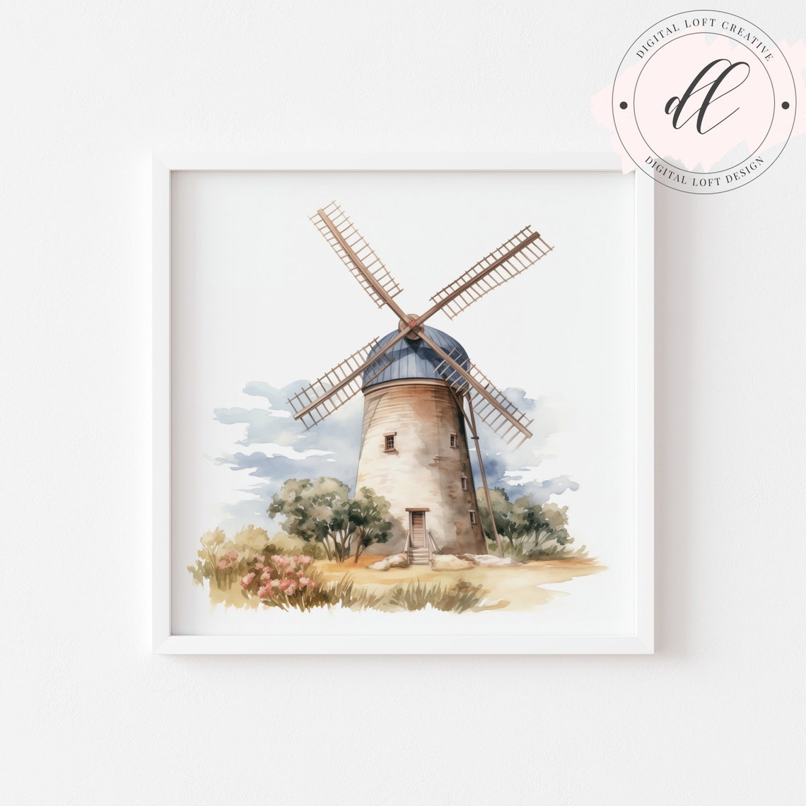 Dutch Style Watercolor Windmill Countryside Landscape Poster - Image 2