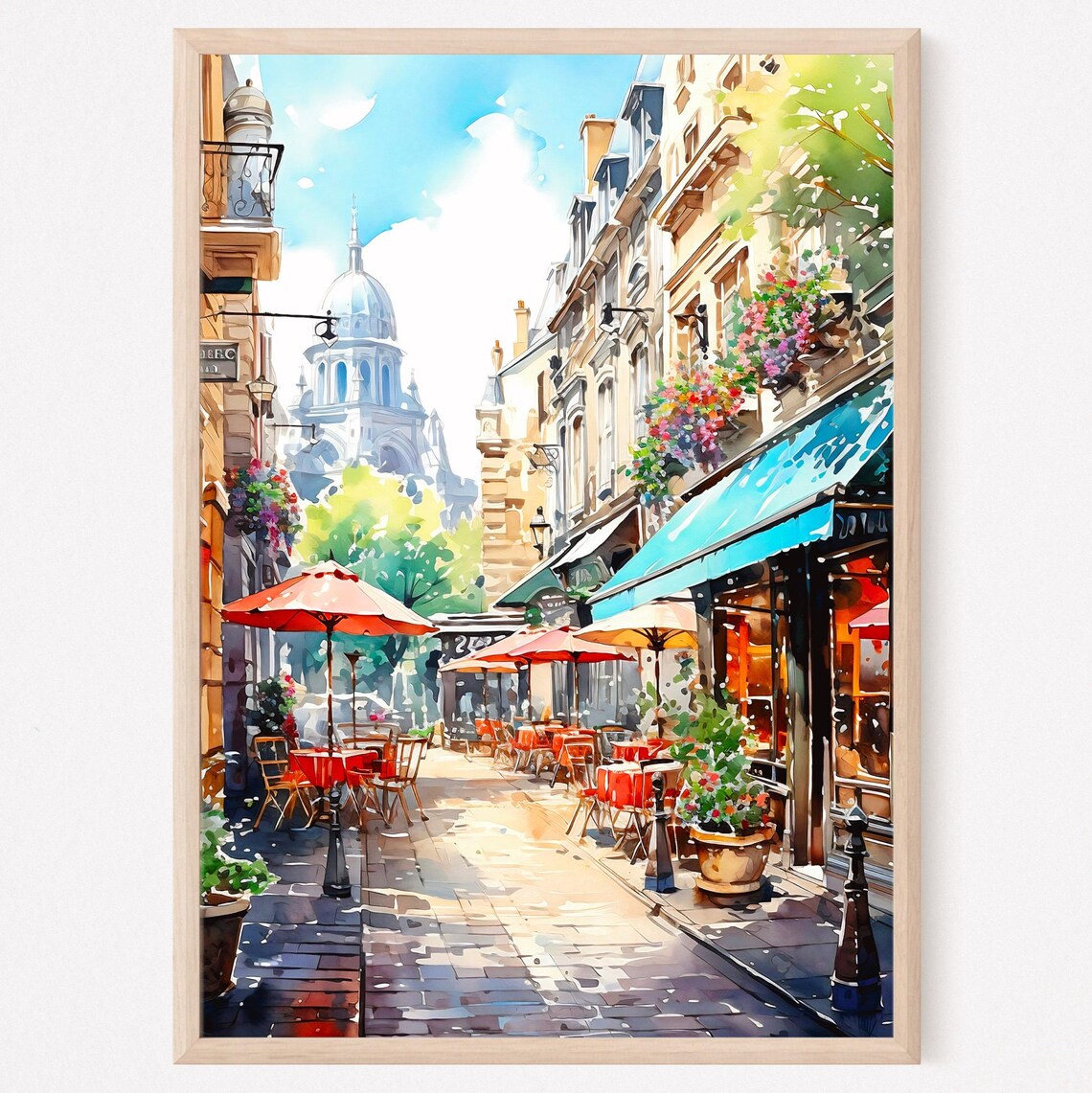 Paris Street Cafe Red Umbrellas Sunny Montmartre Watercolor Poster