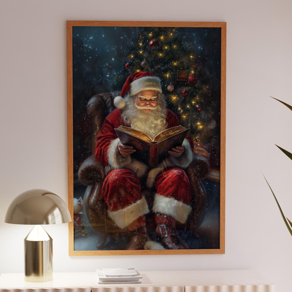 Vintage Santa Claus Reading Book Armchair Starry Night Tree Poster