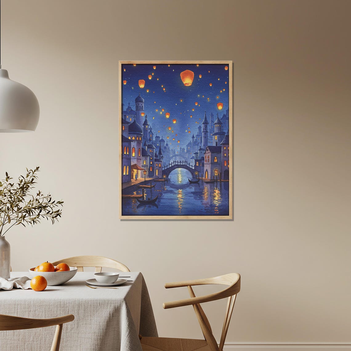 Magical Lantern Night Canal Cityscape Floating Lights Fantasy Poster