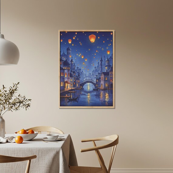 Magical Lantern Night Canal Cityscape Floating Lights Fantasy Poster
