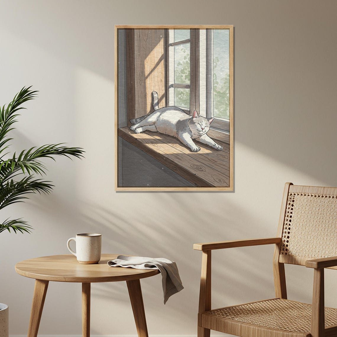 Gray Cat Stretching On Sunny Wooden Windowsill Cozy Pet Poster