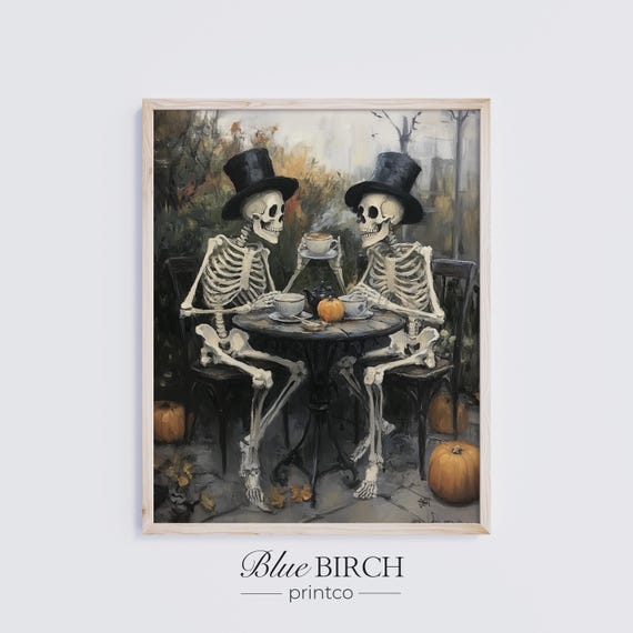 Vintage Skeletons With Coffee And Top Hats Quirky Halloween Art Gothic Wall Decor Spooky Autumn Cafe Scene Print 76
