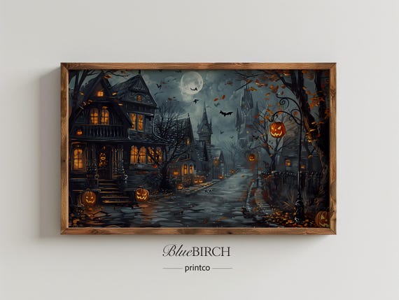 Vintage Halloween Pumpkin Scene Frame Tv Art Spooky Night Painting For Samsung Haunted House Decor Eerie Moonlight 9