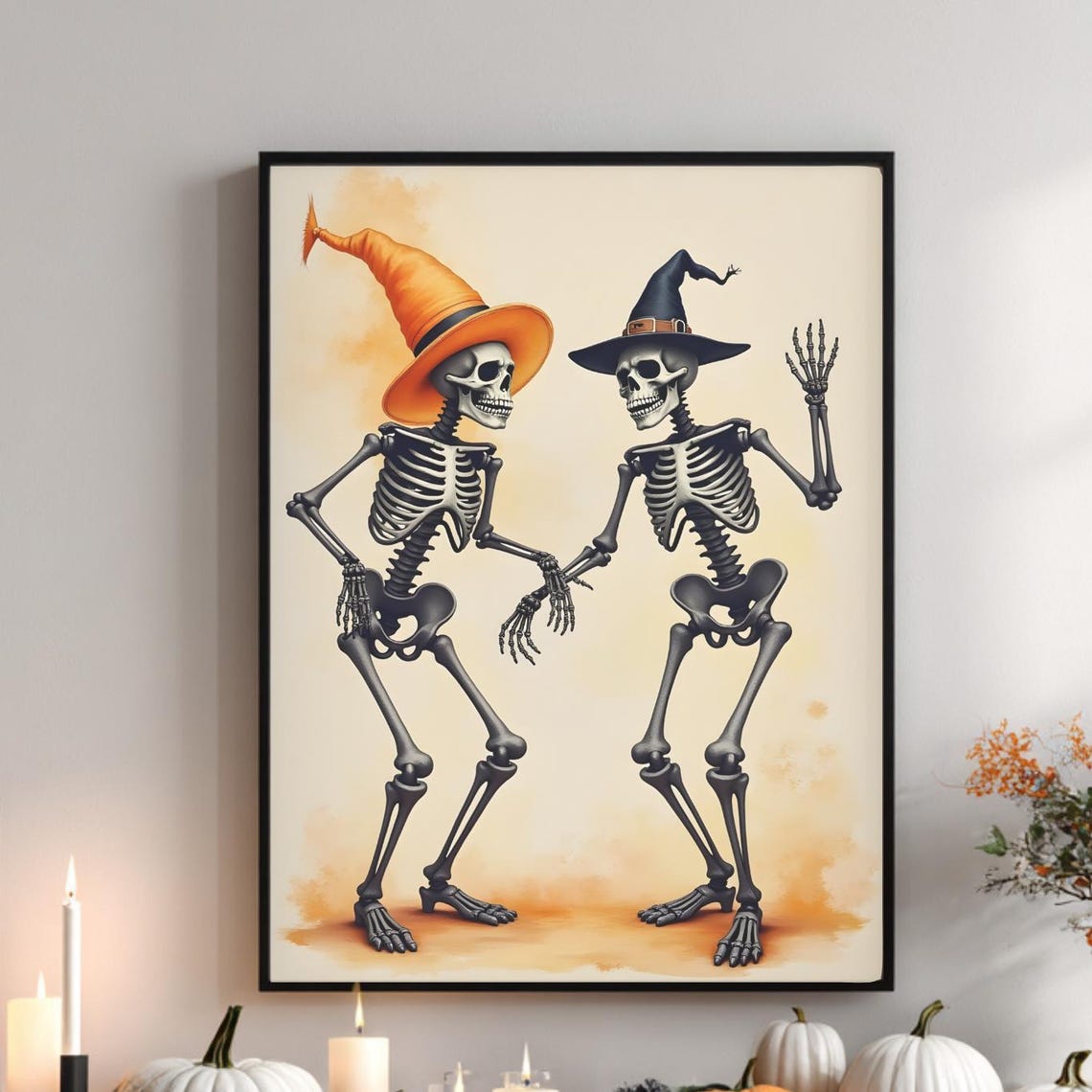 Dancing Skeletons Witch Hats Vintage Neutral Halloween Party Wall Art