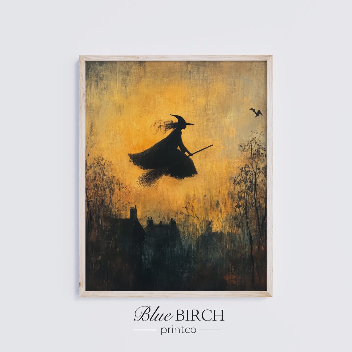 Witch on Broomstick Silhouette Twilight Village Moody Halloween Poster