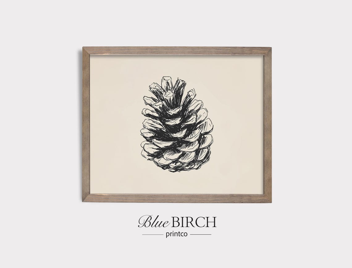 Minimalist Pinecone Sketch Black Ink Drawing Rustic Winter Wall Art
