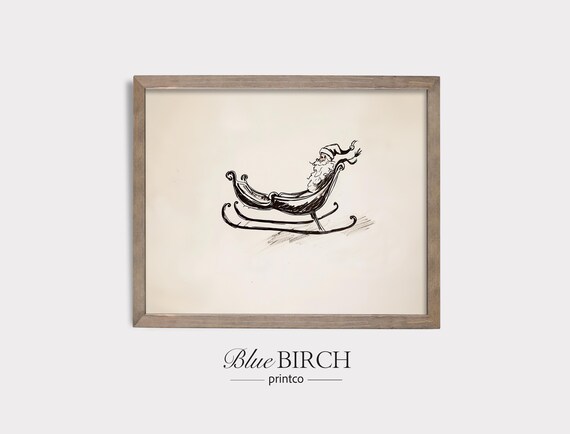 Santa in Sleigh Minimalist Black Ink Sketch Rustic Christmas Wall Art