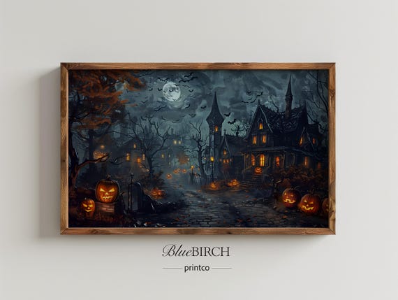 Vintage Halloween Moonlight Scene Frame Tv Art Spooky Night Painting Haunted House Decor Pumpkin Lanterns Autumn 10