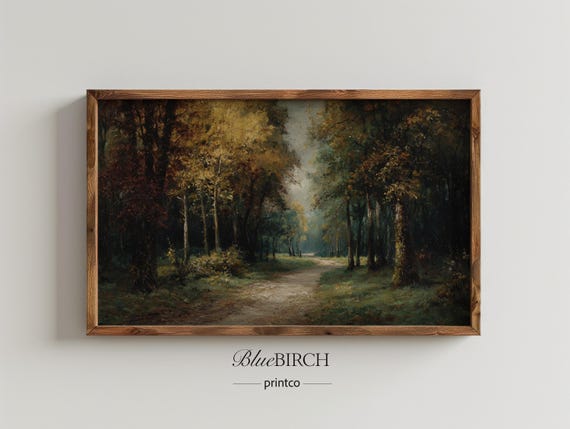 Vintage Autumn Forest Road Frame Tv Art Rustic Landscape Path Oil Painting For Moody Woods Fall Decor Earthy 2