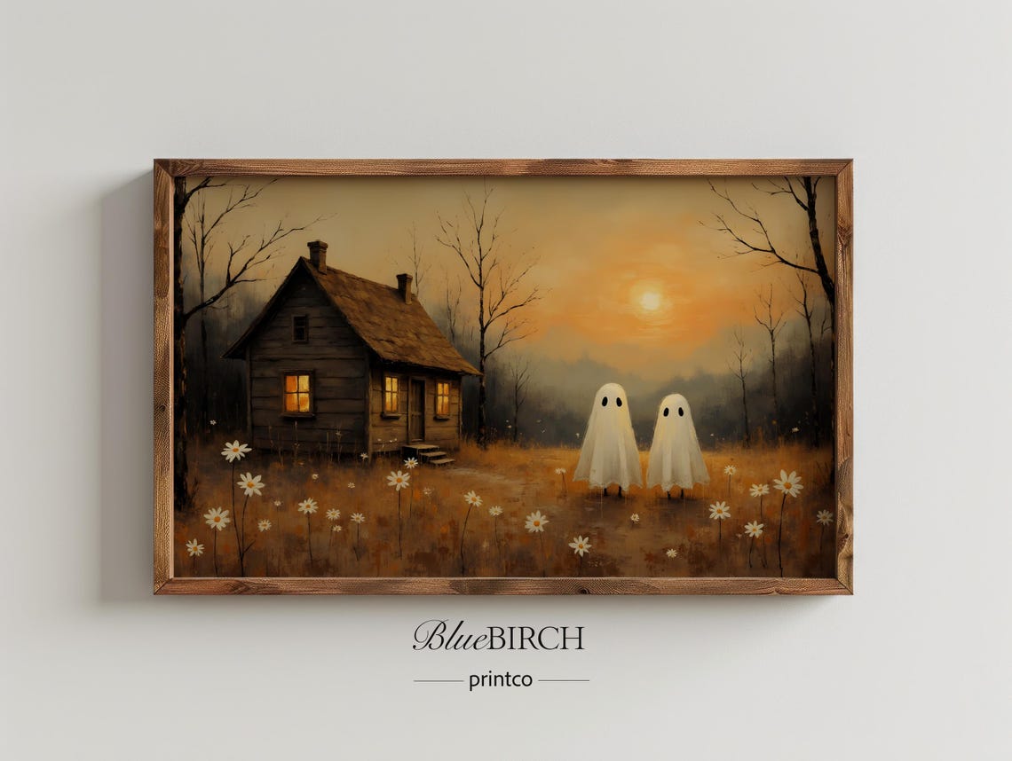 Two Cute Ghosts by Cottage at Sunset Daisy Field Halloween Print