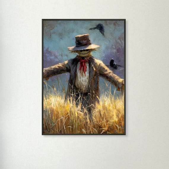 Vintage Scarecrow Oil Painting Halloween Fall Decor 16x20 Canvas