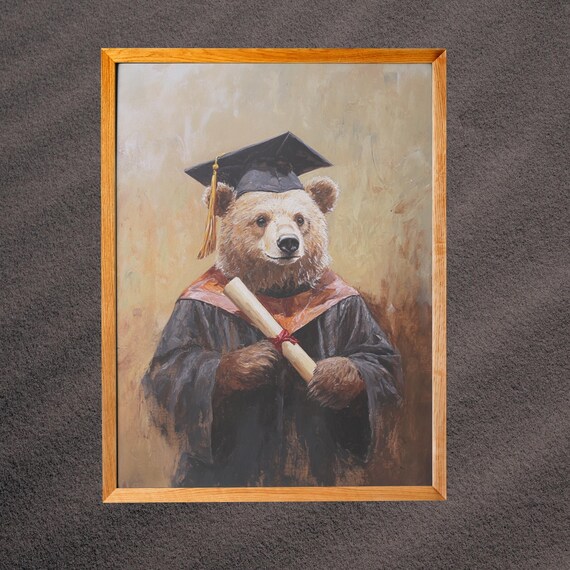 Grizzly Bear in Graduation Cap and Gown Holding Diploma Art Poster