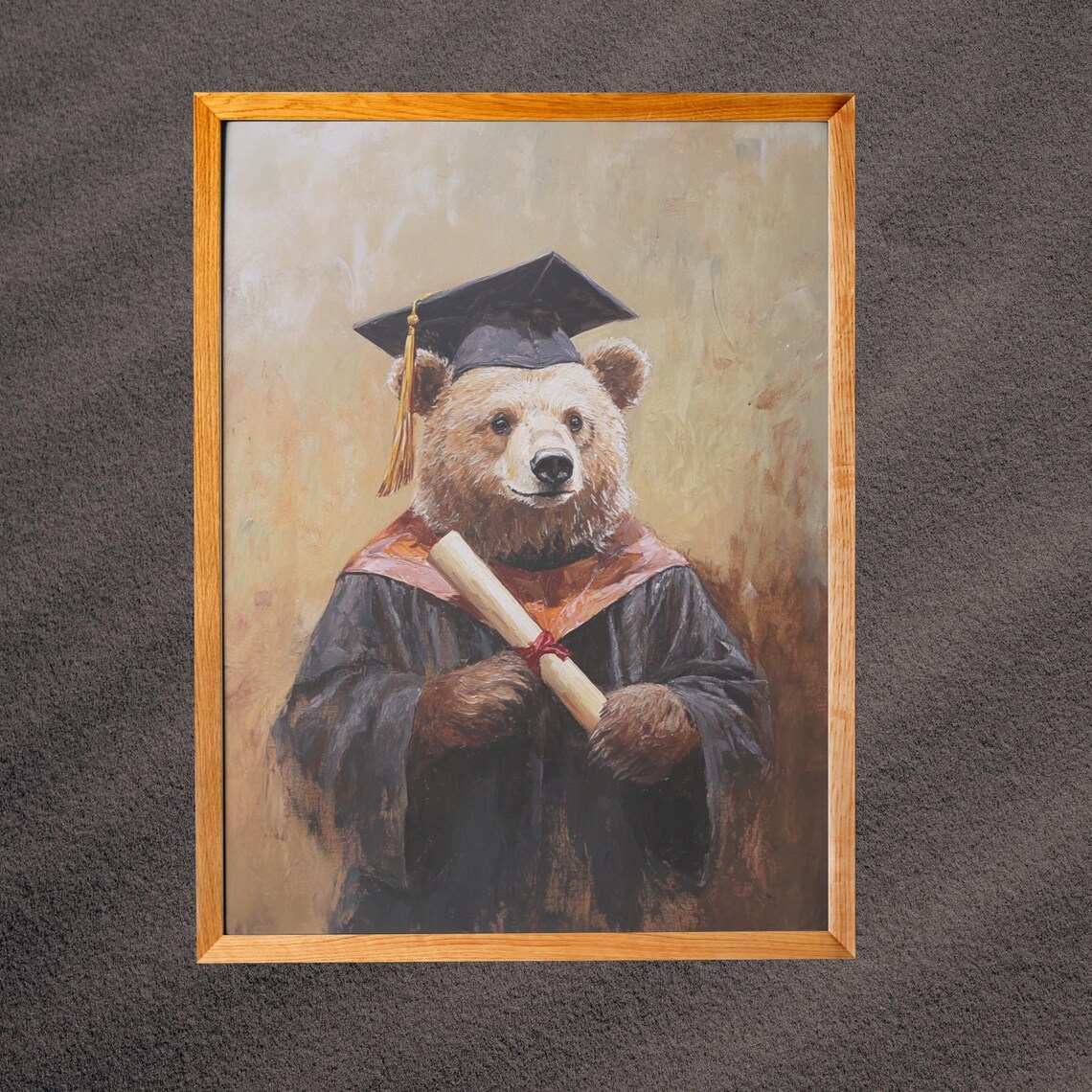 Grizzly Bear in Graduation Cap and Gown Holding Diploma Art Poster