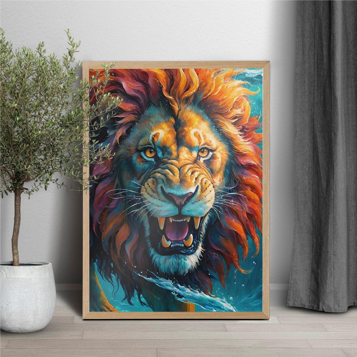 Roaring Lion with Fiery Colorful Mane Close-Up Portrait Poster - Image 7
