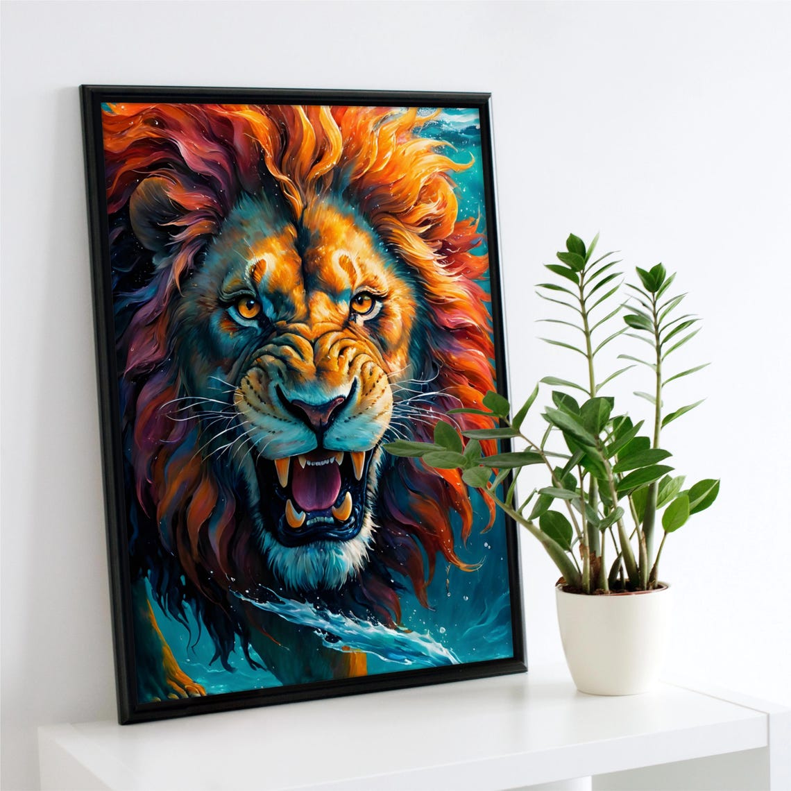 Roaring Lion with Fiery Colorful Mane Close-Up Portrait Poster - Image 6