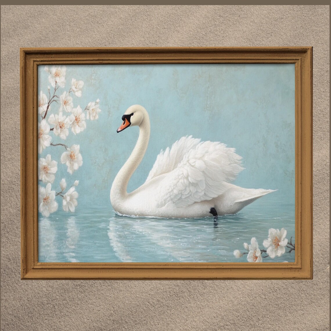 White Swan Swimming Vintage Painting, Nursery Decor
