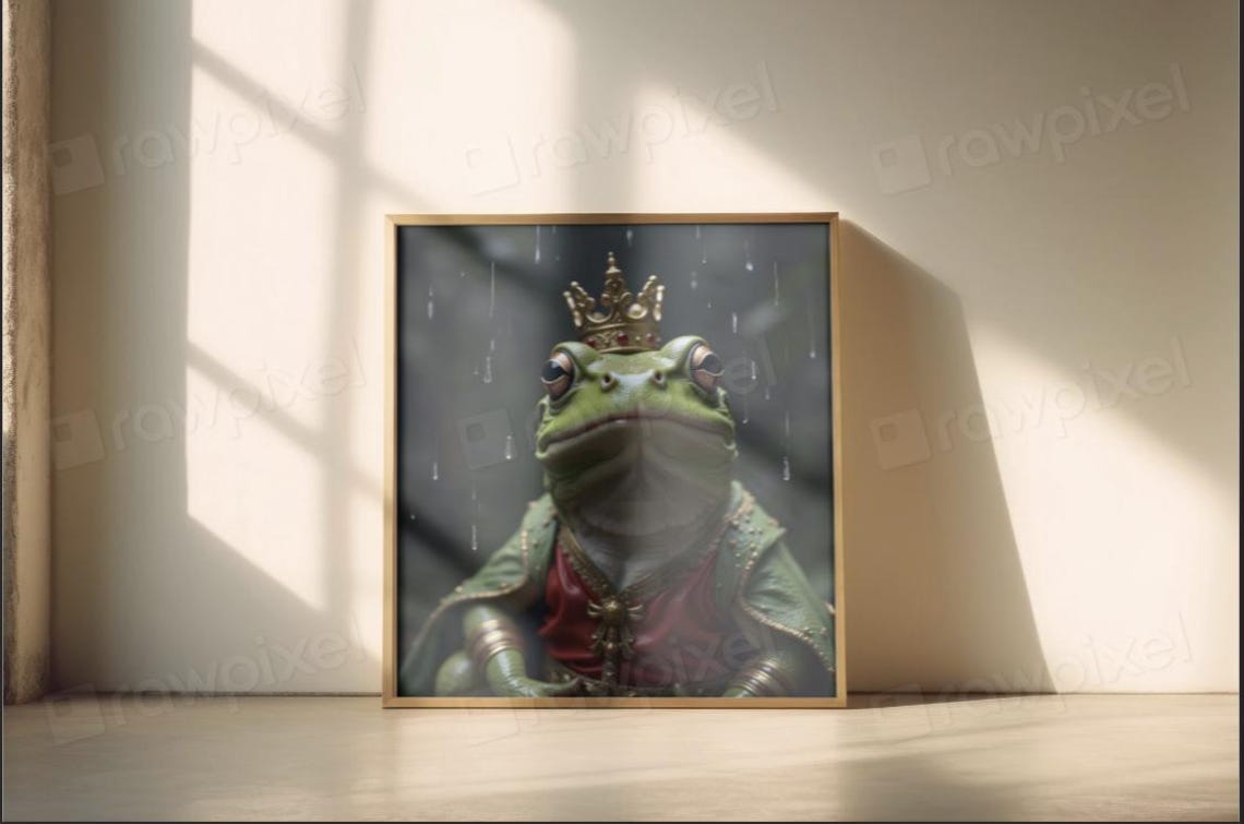 Regal Frog King Wearing a Golden Crown Standing in the Rain Poster - Image 6
