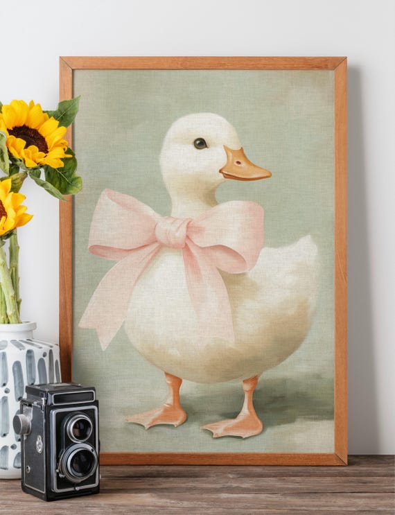Cute Duck Pink Bow Wall Art Print Girls Nursery Room Decor Pastel Painting Vintage