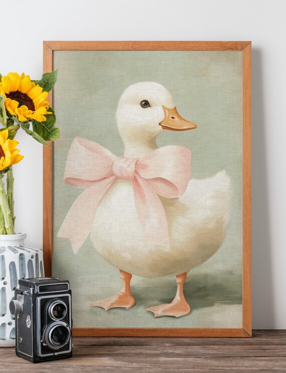 Cute Fluffy Duck With Pink Bow Pastel Nursery Animal Art Poster