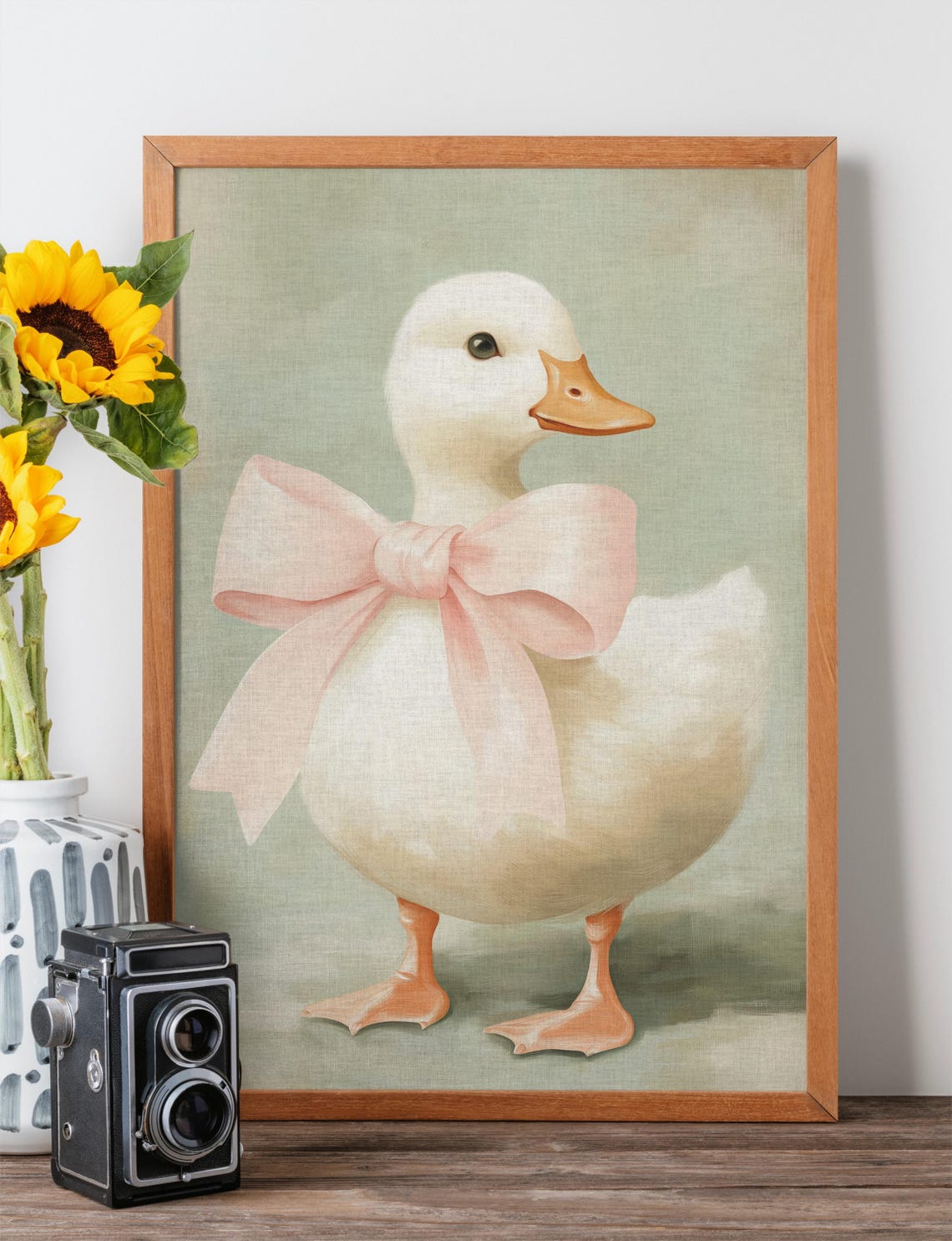 Cute Fluffy Duck With Pink Bow Pastel Nursery Animal Art Poster