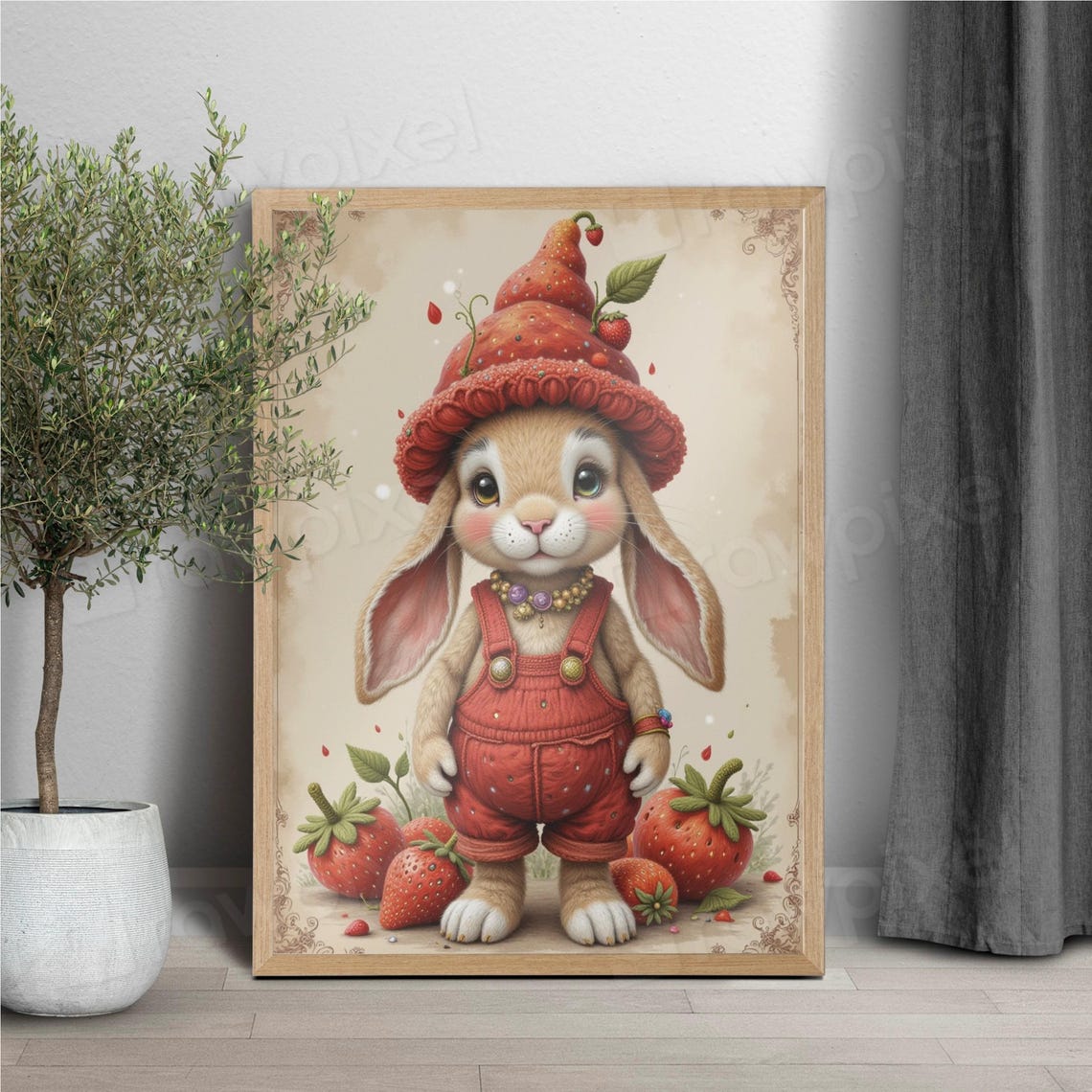 Adorable Lop-Eared Bunny in Strawberry Hat and Red Overalls Poster - Image 6
