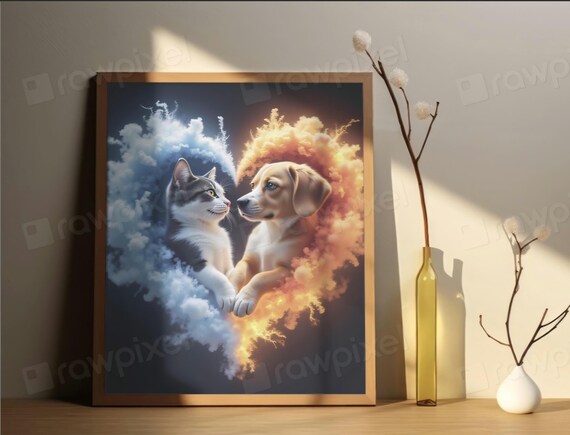 Kitten and Puppy Nose to Nose in Heart of Colorful Smoke Poster