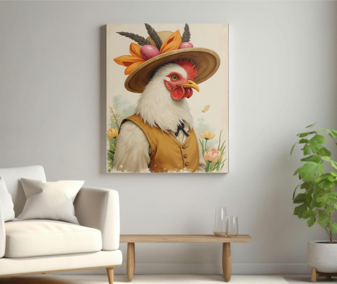 Proud White Rooster in Straw Hat and Mustard Yellow Vest Poster - Image 5