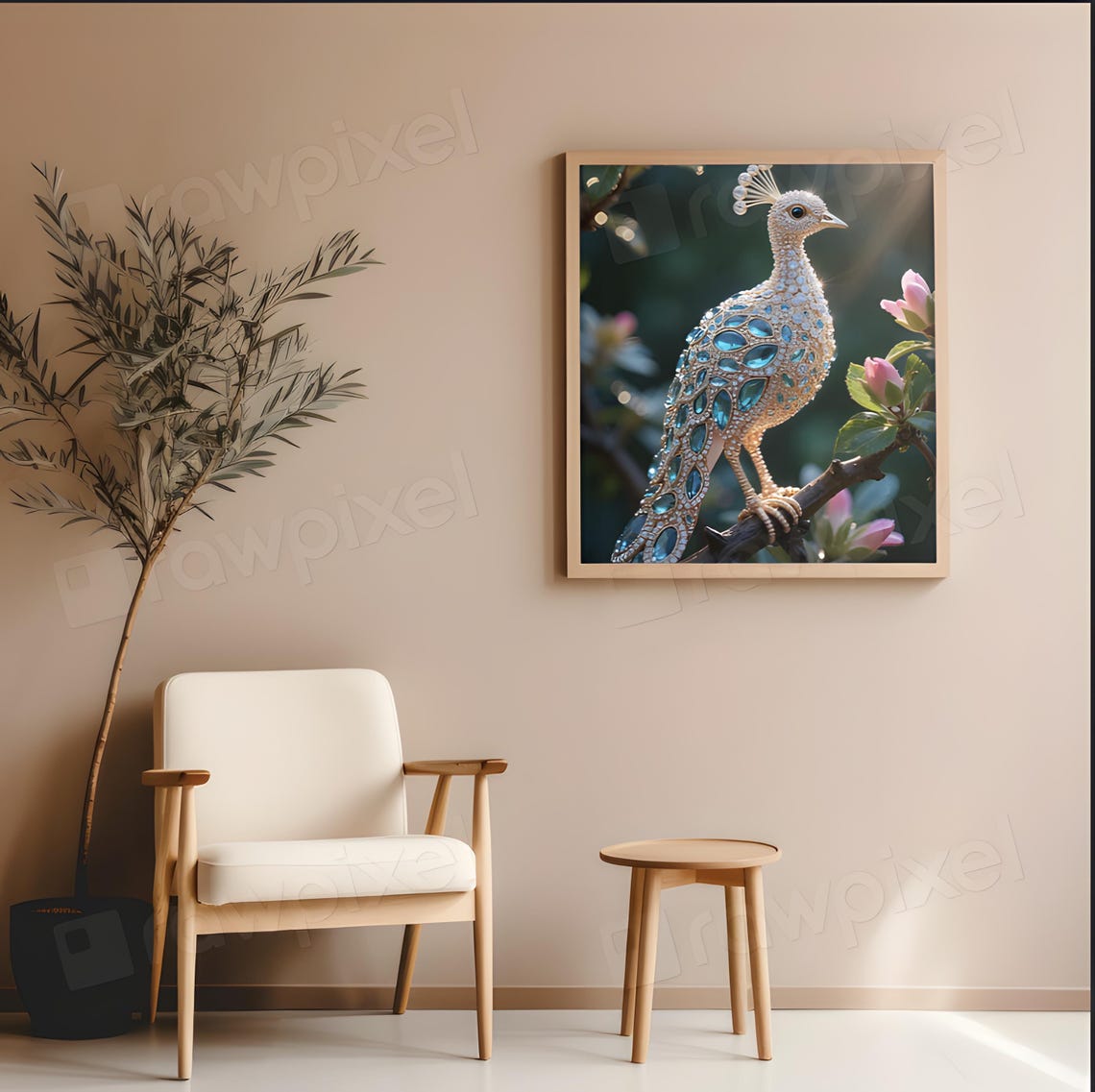 Jeweled Peacock Made of Blue Gemstones Perched on Branch Poster - Image 2