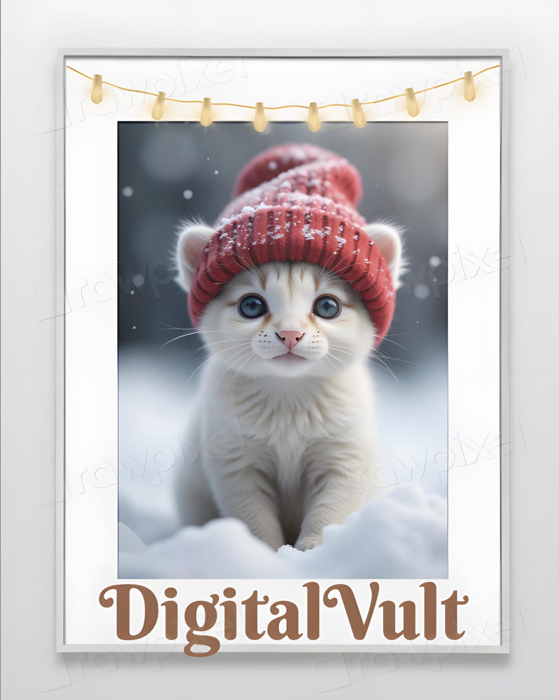Cute White Kitten in Red Knit Beanie Under Winter Snow Poster - Image 6
