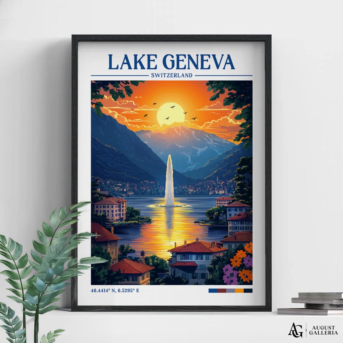 Lake Geneva Retro Travel Print Wanderlust Posters Illustration Wall Art Framed Prints Canvas Poster