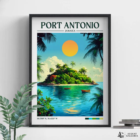 Port Antonio Retro Travel Print Wall Art Framed Canvas Poster Illustration Wanderlust