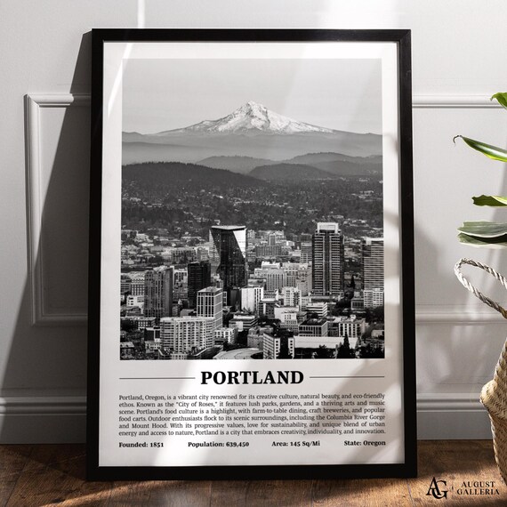 Portland Oregon Black White City Mount Hood Skyline View Poster