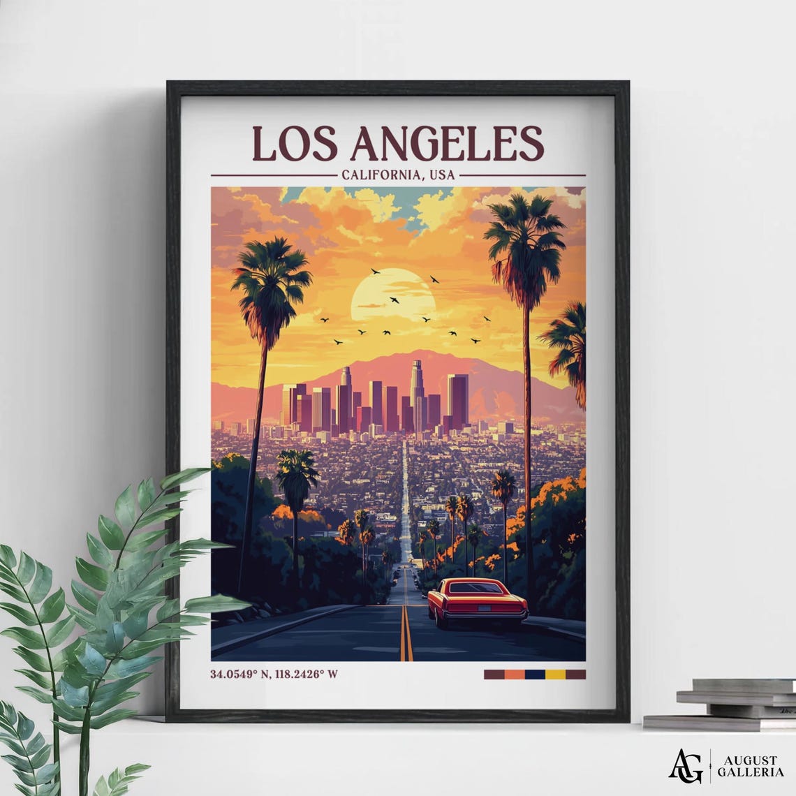 Los Angeles California Sunset Skyline Palms Retro Travel Poster
