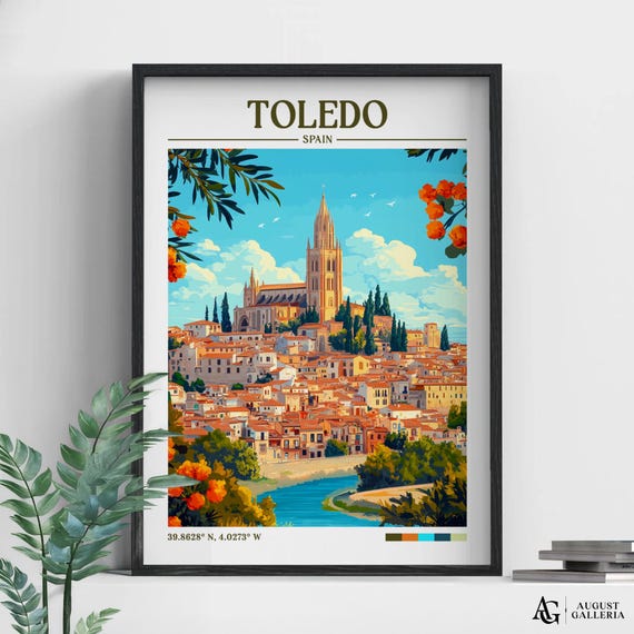 Toledo Spain Retro Travel Print Wall Art Framed Canvas Poster Illustration Wanderlust