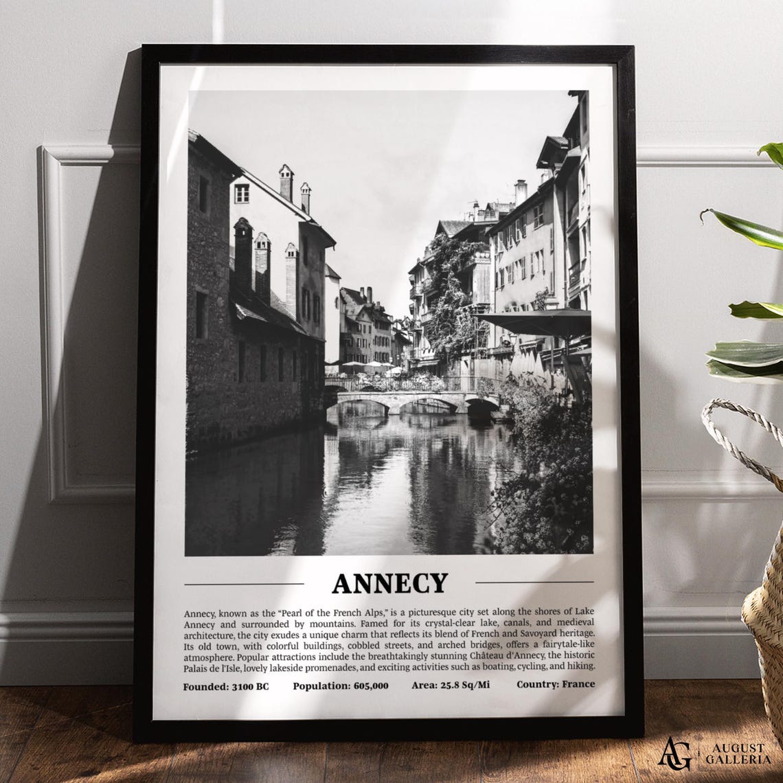 Annecy France Black And White Skyline City Print With Key Facts