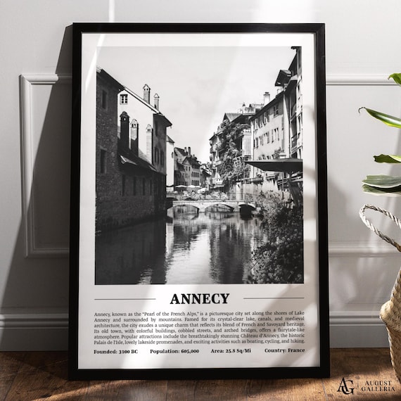 Annecy France Black And White Skyline City Print With Key Facts