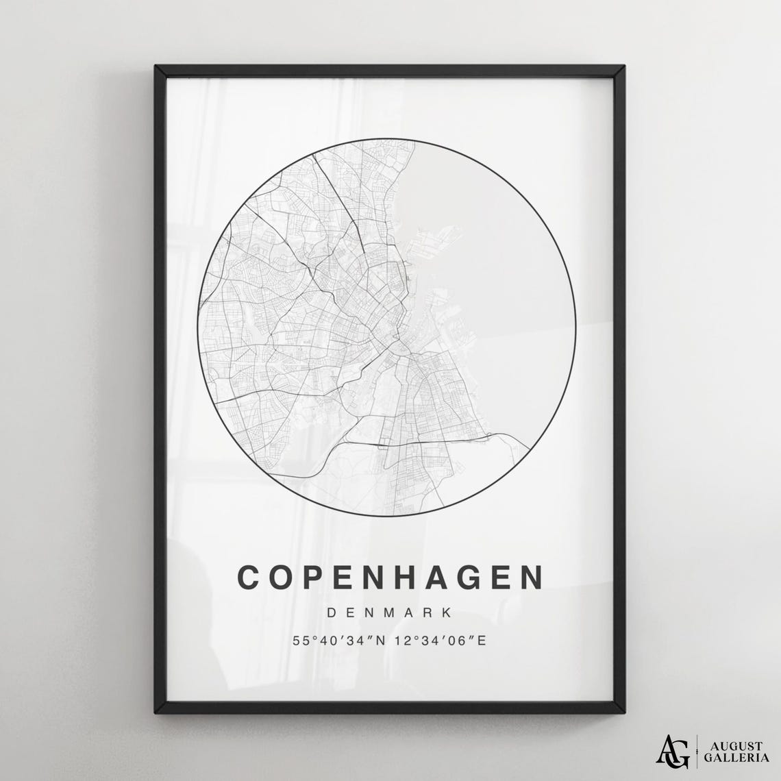 Copenhagen Denmark Black White Circular City Street Map Poster
