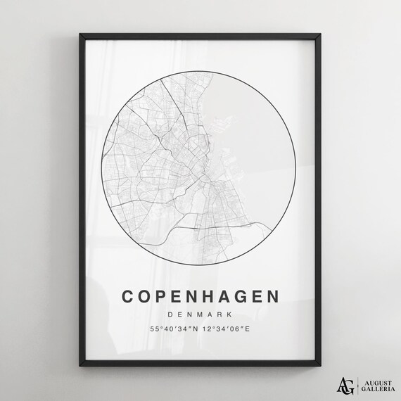 Copenhagen Denmark Black White Circular City Street Map Poster