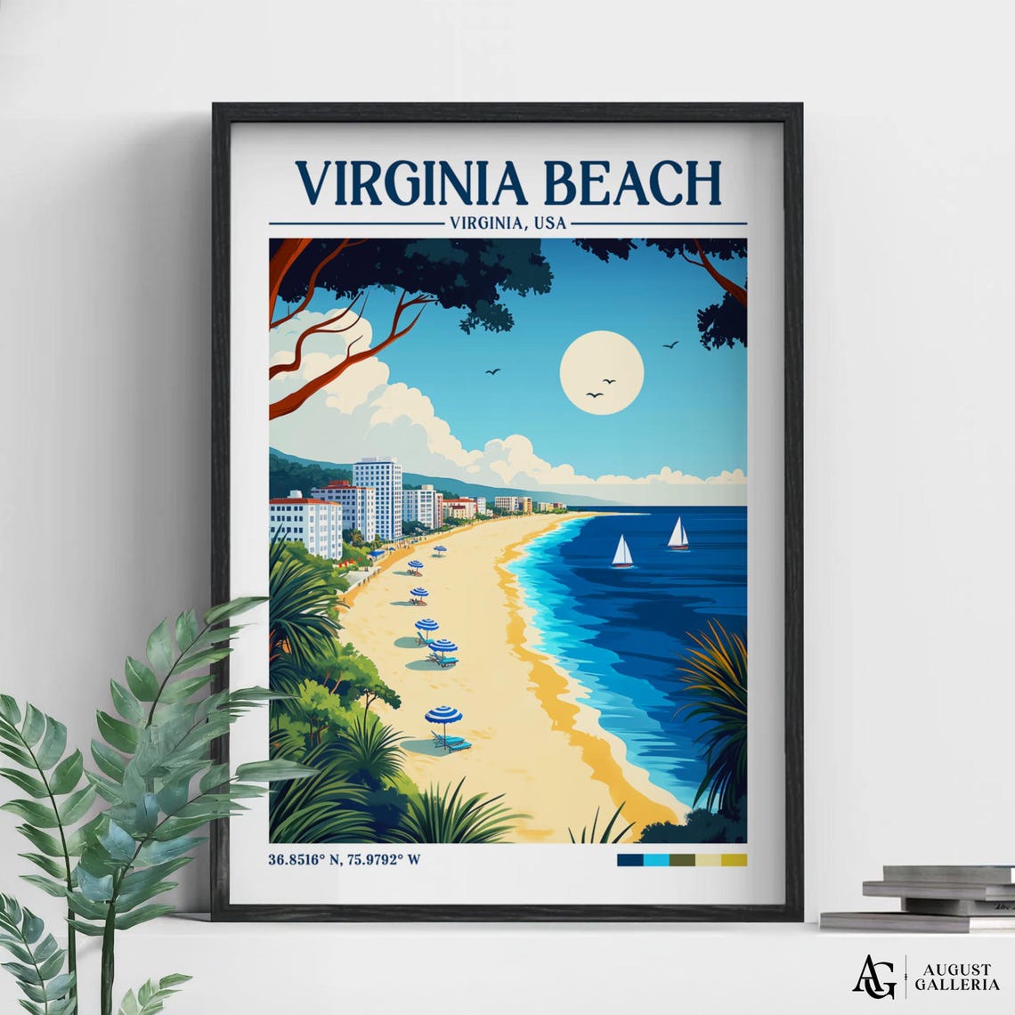 Virginia Beach Retro Travel Print Wall Art Framed Canvas Poster Illustration Wanderlust