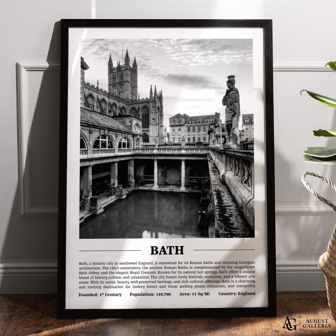 Bath England Roman Baths Black White Print Historic City Profile
