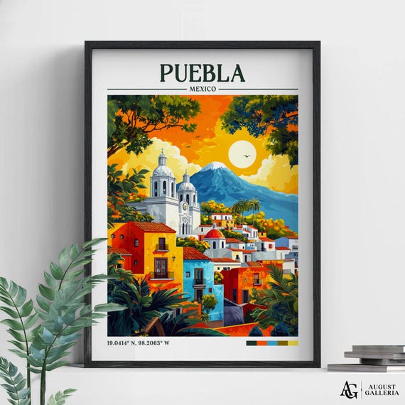 Puebla Mexico Retro Travel Print Wall Art Framed Canvas Poster Illustration Wanderlust