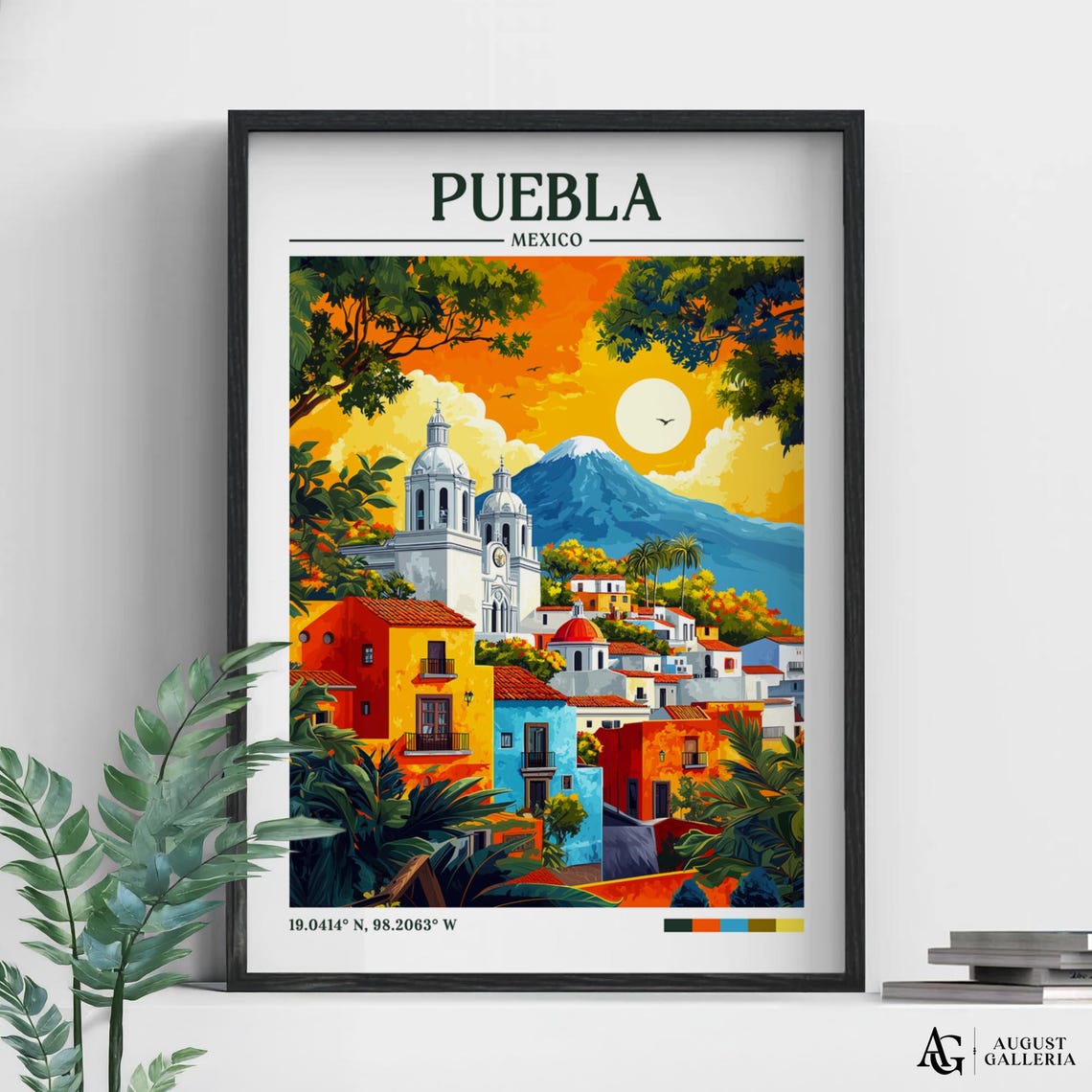 Puebla Mexico Retro Travel Print Wall Art Framed Canvas Poster Illustration Wanderlust