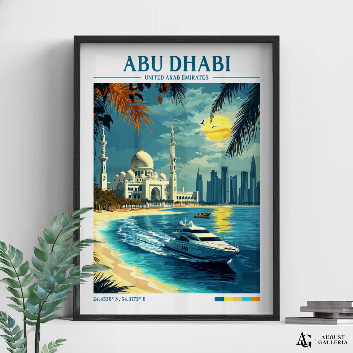 Abu Dhabi UAE Retro Travel Poster Grand Mosque Yacht Coastline