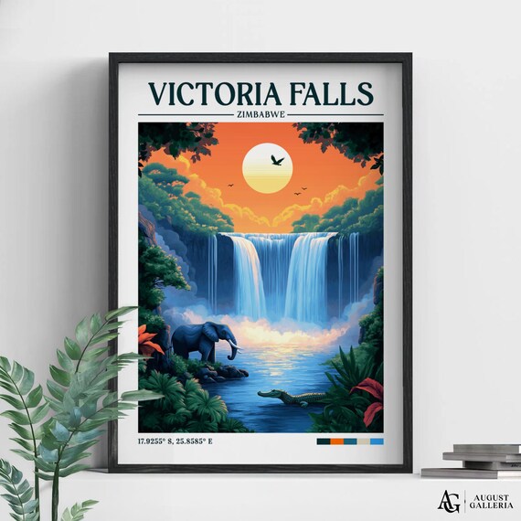 Victoria Falls Zimbabwe Retro Travel Poster With Elephant View