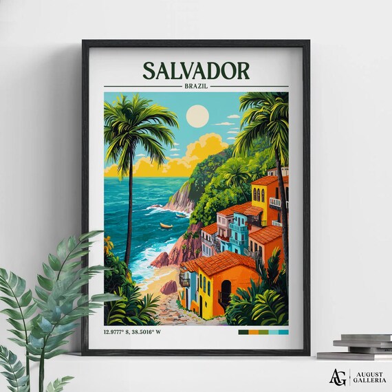 Salvador Brazil Beachfront Colorful Houses Retro Travel Poster