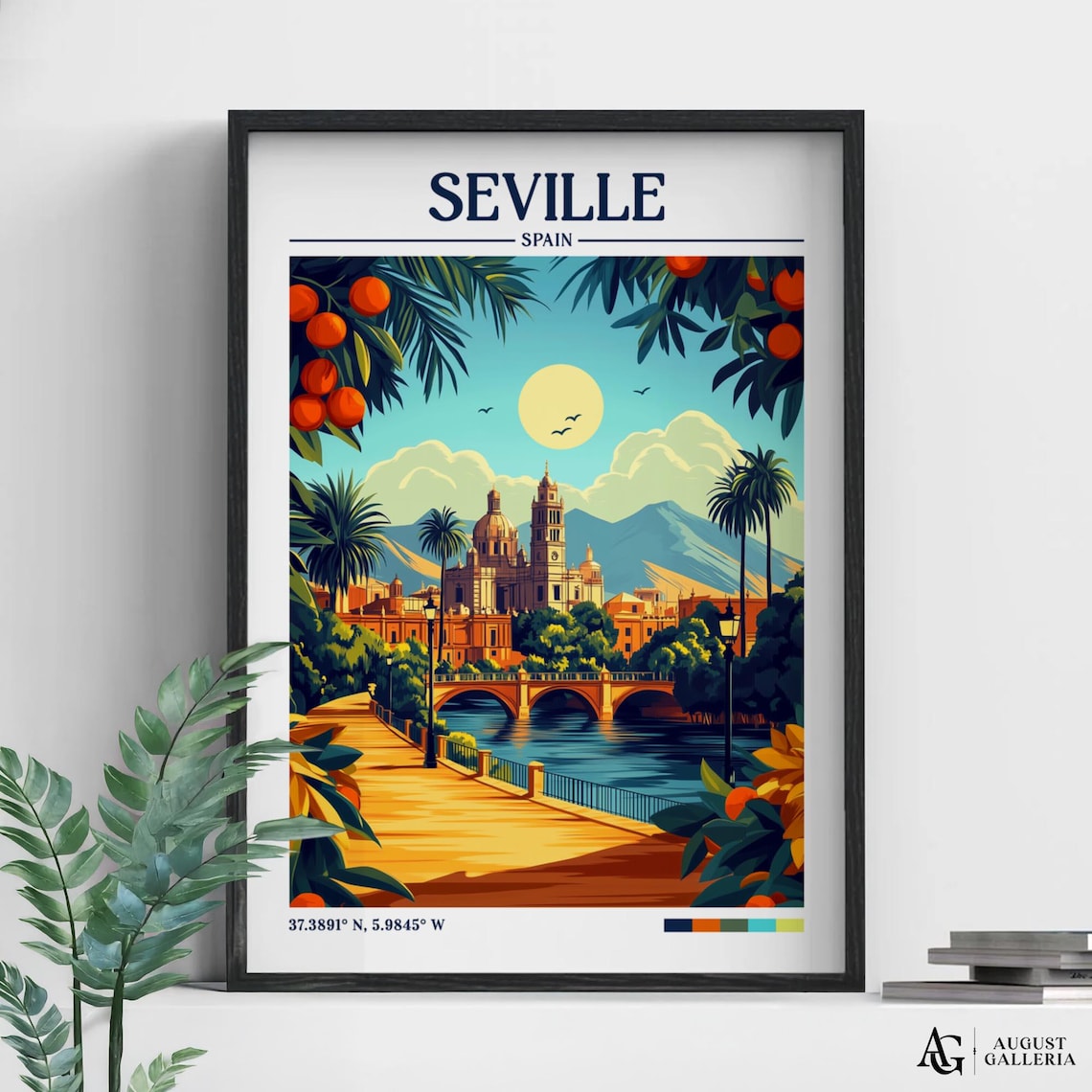 Seville Spain Retro Travel Poster Cathedral Riverside Orange Trees Sunny Scene